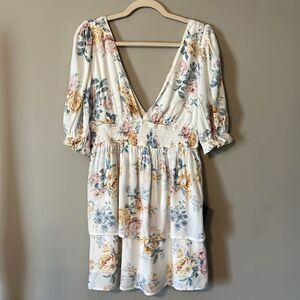 Lulu's White Floral Mini Dress with Yellow & Pink Blooms